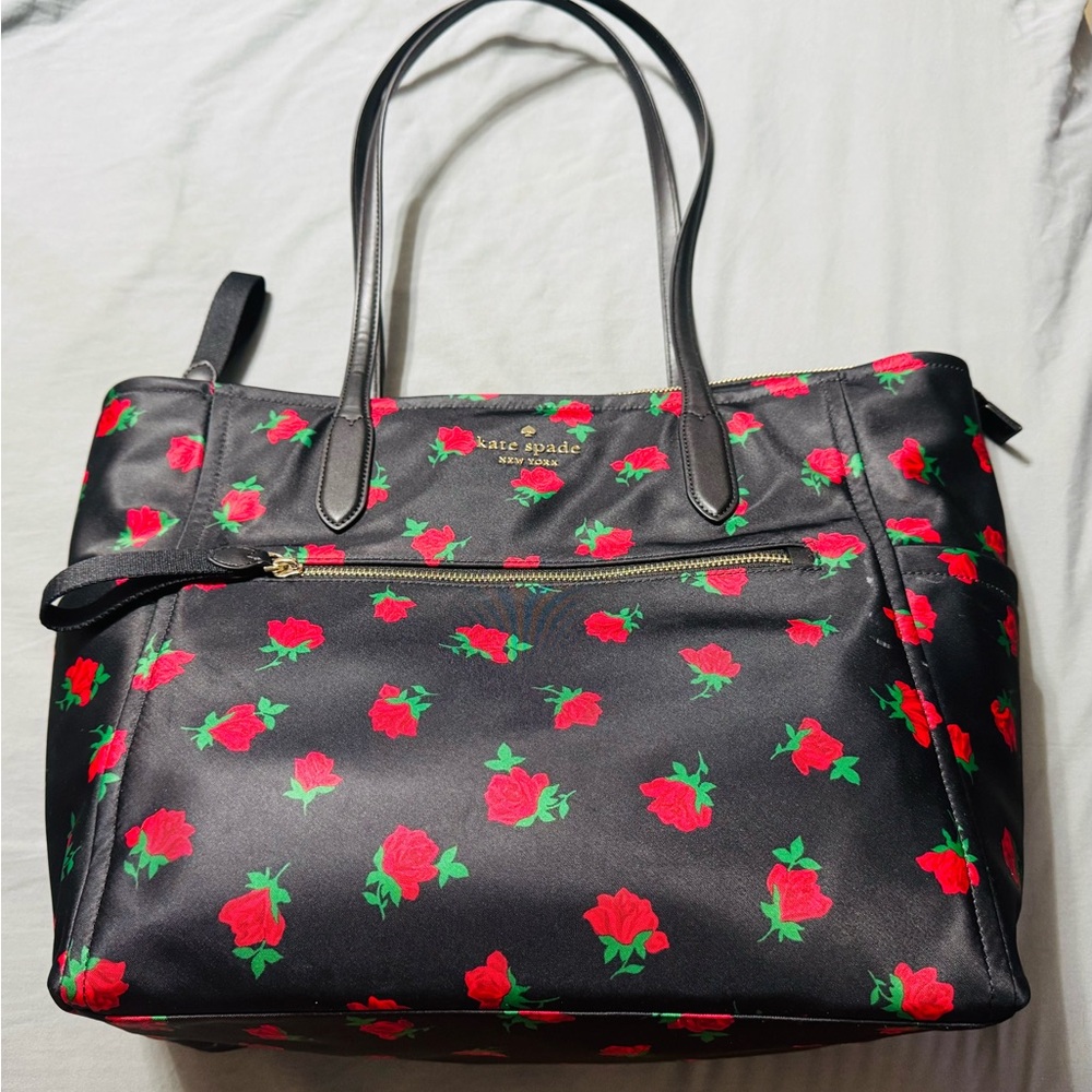 Kate Spade Black Tote & Wallet Set Black with Red Floral Pattern